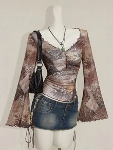 SHEIN ICON 秋季女士西部波西米亚风蓝绿色印花V领褶皱优雅长袖衬衫 - 棕色 - 查看 4