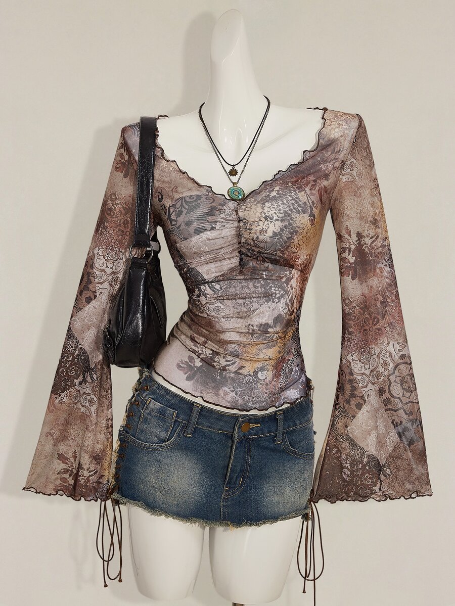 SHEIN ICON Fall Women's Western Boho Teal Allover Print V-Neck Ruched Elegant Long Sleeve Blouse - Brown - View 1