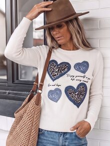 Breezaya Women's Atmosphere Patchwork Denim Heart Print Knit Pullover Long Sleeve Top, Versatile Commuter Style - Beige - View 4