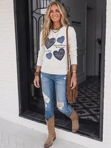 Breezaya Women's Atmosphere Patchwork Denim Heart Print Knit Pullover Long Sleeve Top, Versatile Commuter Style - Beige - View 5