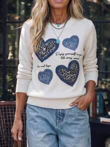 Breezaya Women's Atmosphere Patchwork Denim Heart Print Knit Pullover Long Sleeve Top, Versatile Commuter Style - Beige - View 3