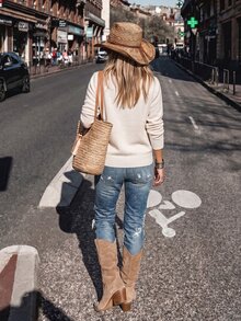 Breezaya Women's Atmosphere Patchwork Denim Heart Print Knit Pullover Long Sleeve Top, Versatile Commuter Style - Beige - View 2