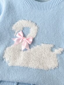 SHEIN 休閒嬰兒可愛兩件套 淺藍天鵝圖案 蝴蝶結 3D裝飾 圓領針織長袖毛衣 針織A字迷你裙 白色 秋季 - 淺藍色 - 查看 5