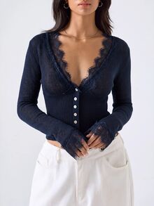 LYSMO 女款素色對比蕾絲長袖單排扣輕便開襟衫 - 藏蓝色 - 查看 4
