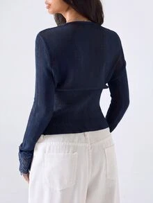LYSMO 女款素色對比蕾絲長袖單排扣輕便開襟衫 - 藏蓝色 - 查看 7