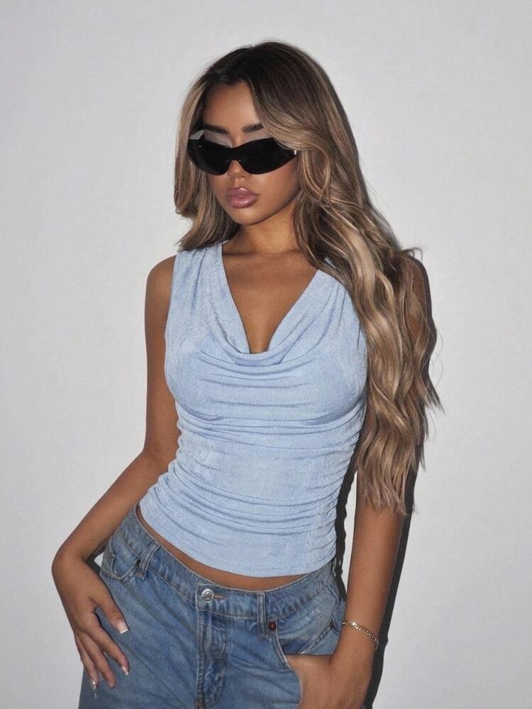 SHEIN ICON Women's Solid Color Draped Neck Casual Versatile Daily Wear Top - Baby Blue - View 5