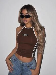 SHEIN ICON Women's Contrast Color Panel Halter Neck Slim Fit Tank Top, Casual Daily Wear - Coffee Brown - View 5