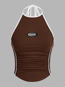 SHEIN ICON Women's Contrast Color Panel Halter Neck Slim Fit Tank Top, Casual Daily Wear - Coffee Brown - View 1