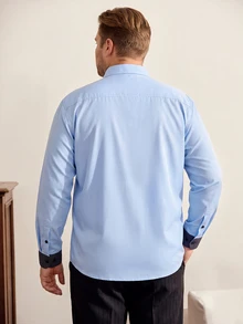 VeloEdit Plus Size Men's Casual Colorblock Patchwork Shirt, Autumn, Long Sleeve Top, Formal, Ceremony - Blue - View 2