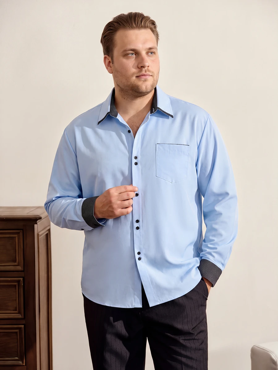 VeloEdit Plus Size Men's Casual Colorblock Patchwork Shirt, Autumn, Long Sleeve Top, Formal, Ceremony - Blue - View 1
