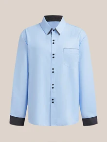 VeloEdit Plus Size Men's Casual Colorblock Patchwork Shirt, Autumn, Long Sleeve Top, Formal, Ceremony - Blue - View 3