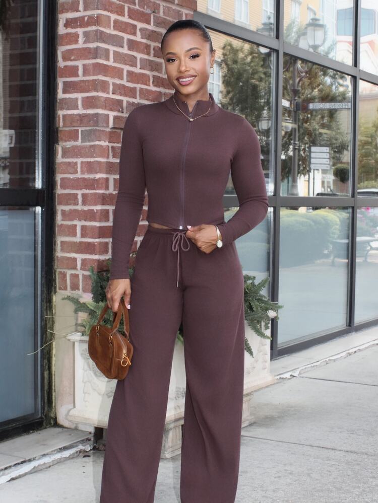 Steph T Women's Fitted Jacket And Pants Casual Suit Set, Autumn Winter Going Out Slimed Two Pieces,Fall,Fall Clothes For Women - Coffee Brown - View 4