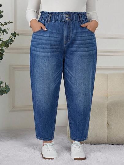 SHEIN CURVE+ Women Plus Size Casual Daily Waist Pleated Button Denim Jeans Fall/Winter Elegant Y2k Cute Basic Chic Halloween Graphic New Year Christmas CURVE+ FIT+