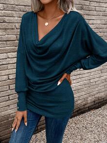 SHEIN Draped Collar Ruched Tee Fall Cloth For Women - Teal Blue - View 6