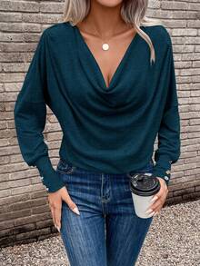 SHEIN Draped Collar Ruched Tee Fall Cloth For Women - Teal Blue - View 3