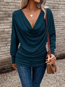 SHEIN Draped Collar Ruched Tee Fall Cloth For Women - Teal Blue - View 7