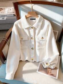 SHEIN Women's Solid Color Long Sleeve Single-Breasted Pocket Casual Jacket, Autumn Crop Jacket - White - View 5