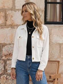 SHEIN Women's Solid Color Long Sleeve Single-Breasted Pocket Casual Jacket, Autumn Crop Jacket - White - View 3