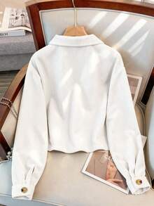 SHEIN Women's Solid Color Long Sleeve Single-Breasted Pocket Casual Jacket, Autumn Crop Jacket - White - View 2