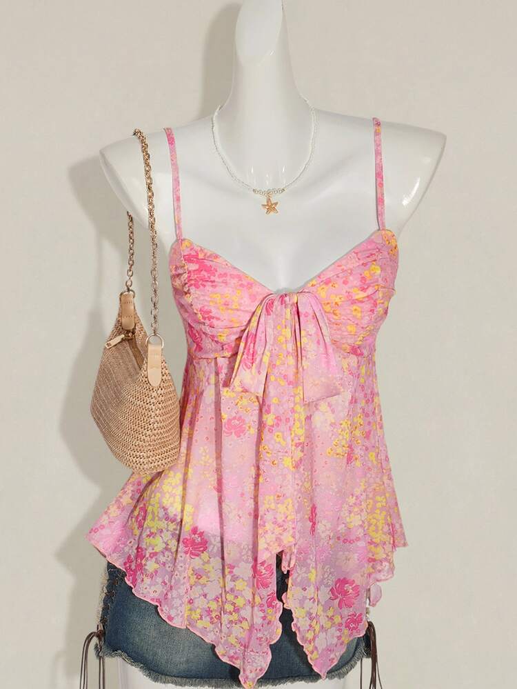 SHEIN ICON Summer Going Out Beach Boho Y2k Hawaii Pink Floral Babydoll Flowy Floral Women Tank Tops Camis Western Wear Women - Multicolor - View 1