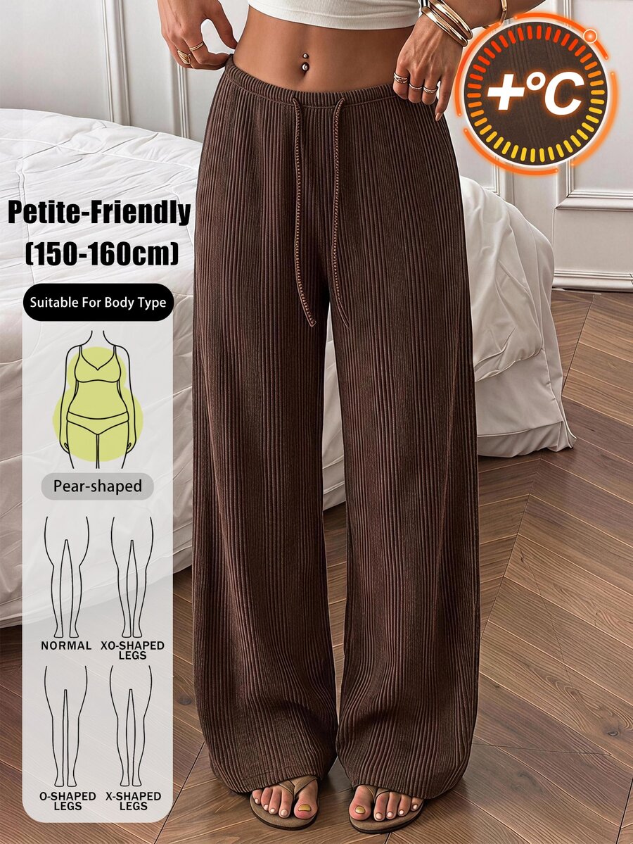 SHEIN PETITE بنطلون طويل فضفاض للنساء بتصميم بسيط بلون موحد وملمس منسوج مع خصر برباط سحب