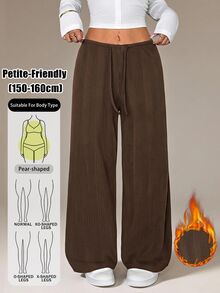 SHEIN PETITE بنطلون طويل فضفاض للنساء بتصميم بسيط بلون موحد وملمس منسوج مع خصر برباط سحب - بني - مشاهدة 7