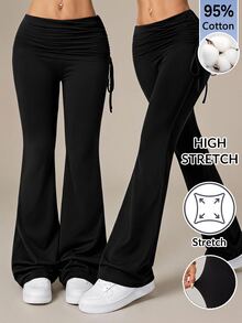 SHEIN PETITE Casual Versatile Solid Color Drawstring Low Waist Long Pants - Black - View 8