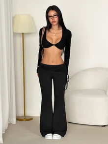 SHEIN PETITE Casual Versatile Solid Color Drawstring Low Waist Long Pants - Black - View 12