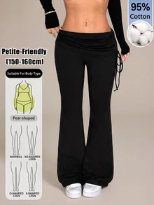 SHEIN PETITE Casual Versatile Solid Color Drawstring Low Waist Long Pants - Black - View 15