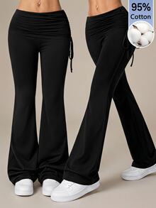 SHEIN PETITE Casual Versatile Solid Color Drawstring Low Waist Long Pants - Black - View 14