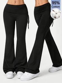 SHEIN PETITE Casual Versatile Solid Color Drawstring Low Waist Long Pants - Black - View 17