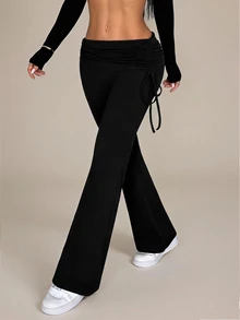 SHEIN PETITE Casual Versatile Solid Color Drawstring Low Waist Long Pants - Black - View 6