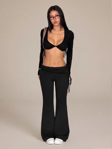SHEIN PETITE Casual Versatile Solid Color Drawstring Low Waist Long Pants - Black - View 5