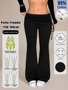 SHEIN PETITE Casual Versatile Solid Color Drawstring Low Waist Long Pants - Black - View 19
