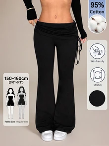 SHEIN PETITE Casual Versatile Solid Color Drawstring Low Waist Long Pants - Black - View 18