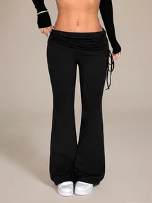 SHEIN PETITE Casual Versatile Solid Color Drawstring Low Waist Long Pants - Black - View 4