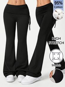 SHEIN PETITE Casual Versatile Solid Color Drawstring Low Waist Long Pants - Black - View 16