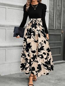 SHEIN Floral Print Puff Sleeve Belted Dress Maxi Women Outfit - Black - View 3