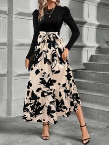 SHEIN Floral Print Puff Sleeve Belted Dress Maxi Women Outfit - Black - View 5