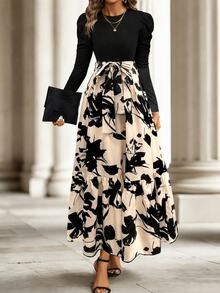 SHEIN Floral Print Puff Sleeve Belted Dress Maxi Women Outfit - Black - View 1