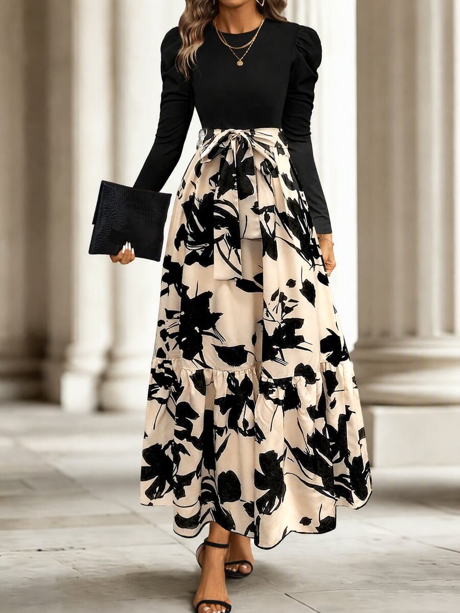 SHEIN Floral Print Puff Sleeve Belted Dress Maxi Women Outfit - Black - View 1