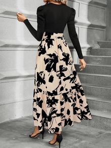 SHEIN Floral Print Puff Sleeve Belted Dress Maxi Women Outfit - Black - View 2
