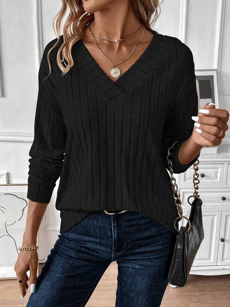 SHEIN Women's Ribbed V-Neck Sweatshirt,Long Sleeve Tops Graduation,Back To School,Graduation,Teacher For Women,Back To School Pullover Fall Sweatshirt - Black - View 7