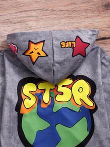 SHEIN Sparklyn TEEN Girls Hoodie Fall Clothes Fall/Winter Street-Style Graffiti-Print Hooded Jacket, Perfect For Outings - Grey - View 7