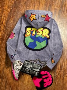 SHEIN Sparklyn TEEN Girls Hoodie Fall Clothes Fall/Winter Street-Style Graffiti-Print Hooded Jacket, Perfect For Outings - Grey - View 2