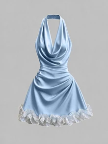 SHEIN Franclia 法式性感掛脖露背無袖短洋裝 女款 - 淺藍色 - 查看 5