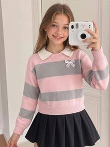 青少年女孩秋冬時尚條紋圖案 3D 蝴蝶結裝飾針織長袖上衣 - 粉色 - 查看 7