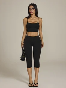 SHEIN PETITE Casual Versatile Solid Color 3/4 Length Leggings - Black - View 4