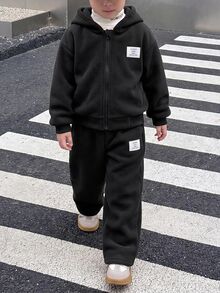 SHEIN Kids 2 Pieces Toddler Boys College ,Soft Comfortable Thick Cardigan Sweater Autumn Coat & & Pants Birthday,First Day Of School,Glamorique Kids,Holida - Black - View 1