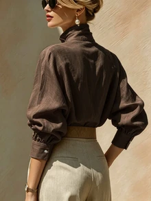 SHEIN Women's Solid Color Single-Breasted Casual Versatile Daily Wear Shirt - Brown - View 2